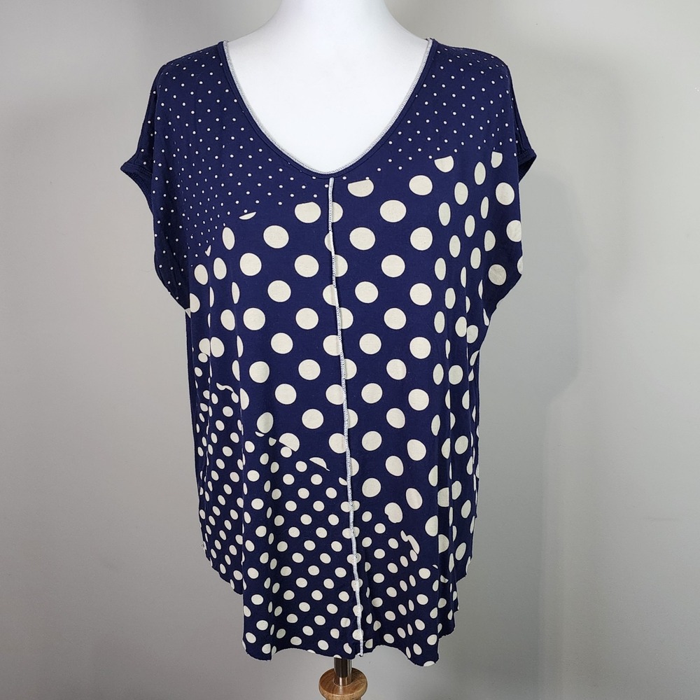 Edista Casual Top Womens Medium Navy Blue White Polka Dot Oversize Slouchy Tunic